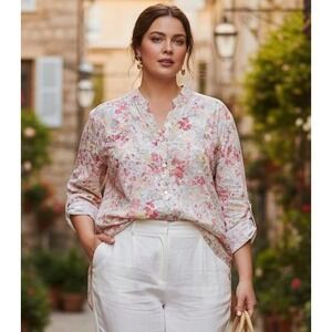 Alfred Dunner Womens Spring Garden Button Front Blouse Sz 20W Soft Girl Feminine